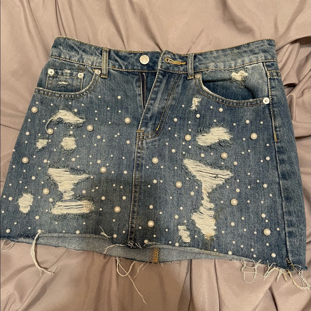 Mini Denim Skirt w/ Pearls